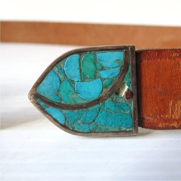 Sterling Silver w/ Inlaid Turquoise Belt Buckle Leather Belt 32" - Picture 4 of 7